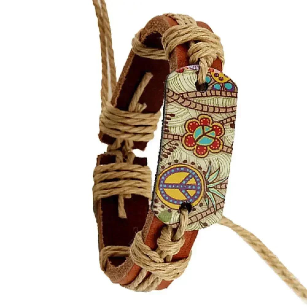 Men Vintage Punk Style Pyrograph Peace Sign Infinity Bangle Bracelet Leather Bracelets Stainless Steel Multilayer Braided Rope