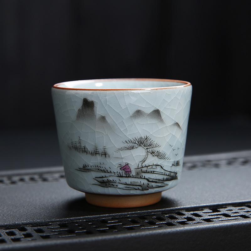 Tea Cup Ceramic Tasting Cup Hand-painted Ru Kiln Crackle Glaze Nurturing Pu'er Kung Fu Single Cup Retro Master Cup with PrintLOG