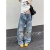 Womens High Waist Distressed Washed Denim Jeans Loose Straight Leg Wide Trousers Casual Vintage Style