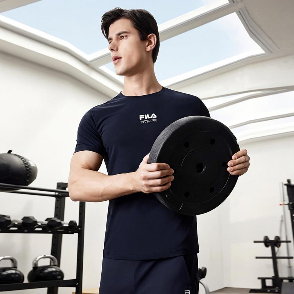 FILA Fitness Series Letter Print Breathable Sports Short Sleeve T-Shirt Men Tops Royal-Blue A11M421120FNV