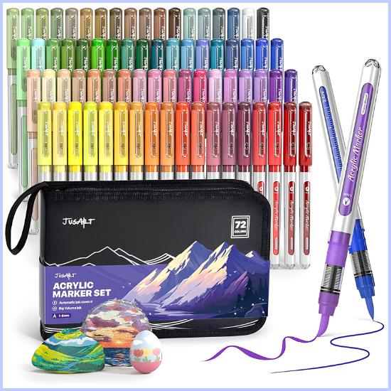 JusArt Acrylic Paint Marker Set, 72-Color Bold Tip Water-Based Markers with Glitter Colors