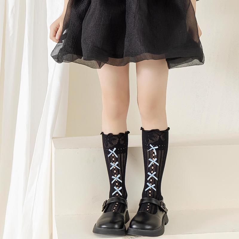 Girls Over The Knee High Socks Retro Stripes Hollow Mesh Cute Bowknot Princess Baby Kids Long Stockings