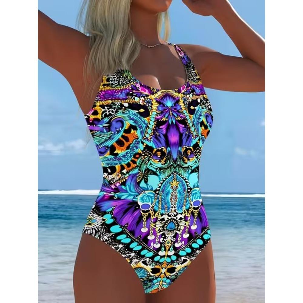 Summer Sexy Abstract Pattern Printed One-piece Swimsuit Slim Fit and Slimming, Deep U-back Design, Beach Pool Vacation Eye-catching Fashion Swimsuit