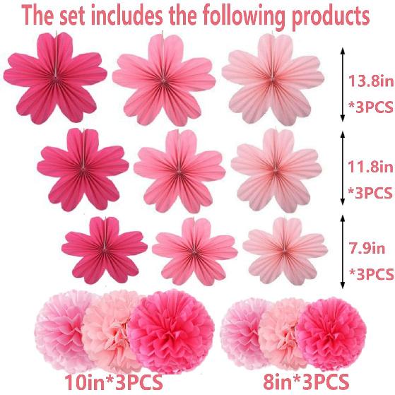 15PCS Pink Party Dressing Set, Tissue Paper Pom Poms Decorations and Hanging Pastel Flower Fan Suitable for Grad Birthday Wedding Party Wall Ceiling