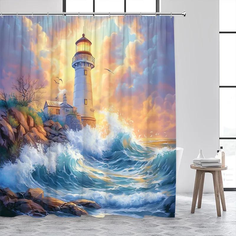 Blue Ocean Lighthouse Shower Curtains Vintage Boat Seagull Sea Waves Watercolour Art Modern Bathroom Curtain Decor With Hooks