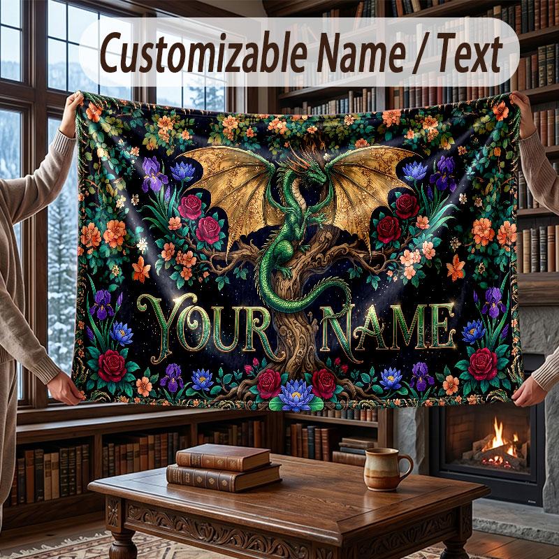Dragon Theme Throw Blanket Custom Name Text Personalized Blanket Soft Cozy Blanket for Home Sofa Bed