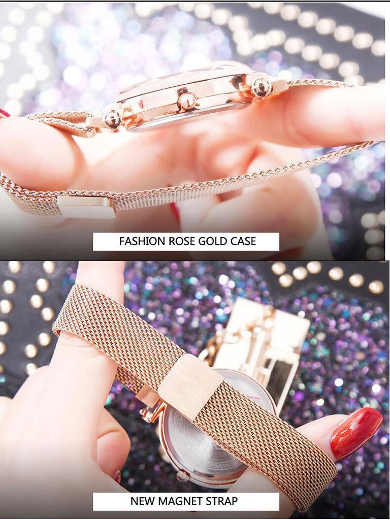 Women Fashion Luminous Numbers Starry Sky Quartz Watch Magnetic Wristwatch Buckle