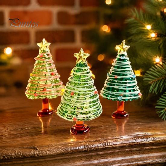 Decorative Glass Tree with Star Glazed Christmas Figurine, Colorful Miniature Xmas Decor, Handcrafted Decoration Table Centerpiece for Home