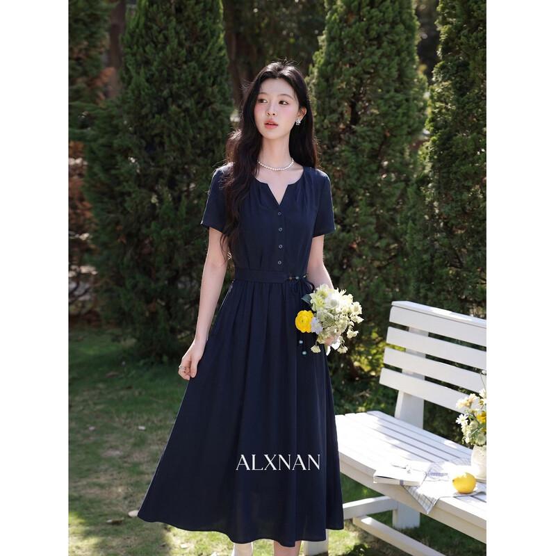 Women s Elegant French-Style Short-Sleeve Dress S темно-синий