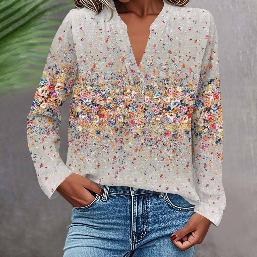 Camisa de Moda y Casual para Mujer Manga Larga Cuello en V Botones Estampada Blusa Top