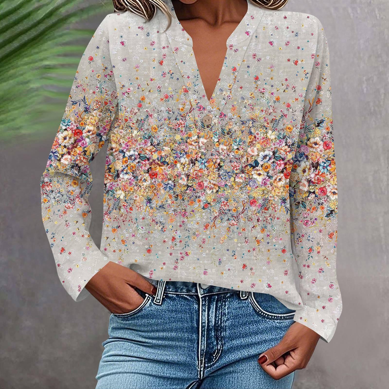 

Women s Fashionable And Casual Shirt Long Sleeve V-neck Button Printed Blouse Top XL