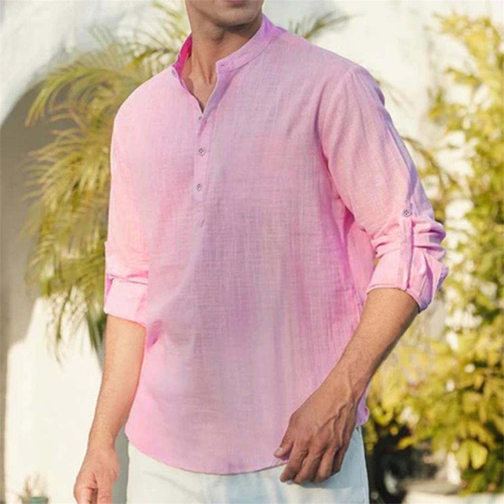 Men's Cotton Linen T-shirt Long Sleeve Spring Summer Henley Neck Casual Simple Style Breathable Fashion Vacation Tops