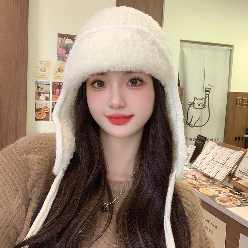 New Autumn and Winter Knitted Hat Outdoor Cold Proof and Warm Woolen Hat Korean Style Lamb Wool Versatile Small Ear Protection Hat with A Face