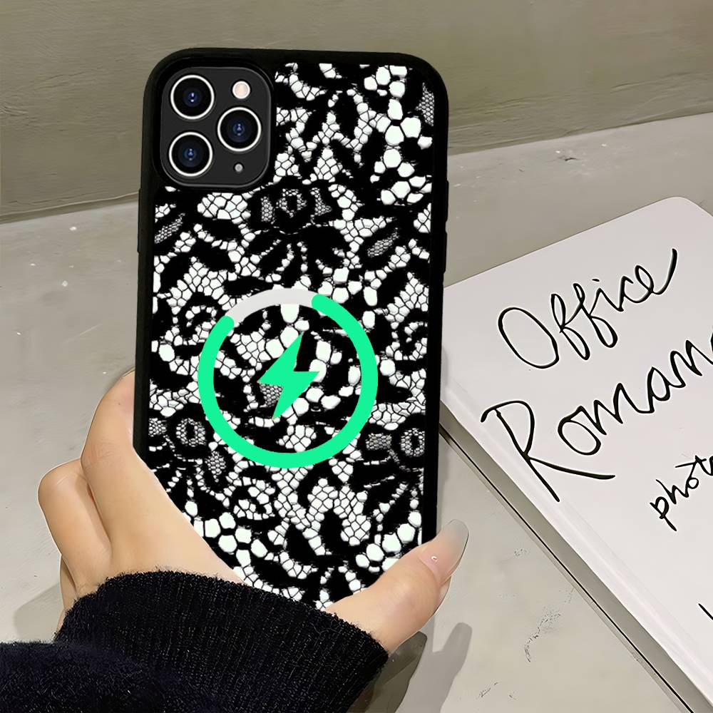 Black Lace Pattern Personalized Mobile For Magsafe Magnetic Case For IPhone17Air 16 15 14 13 12 11Pro Max Plus Wireless Charging