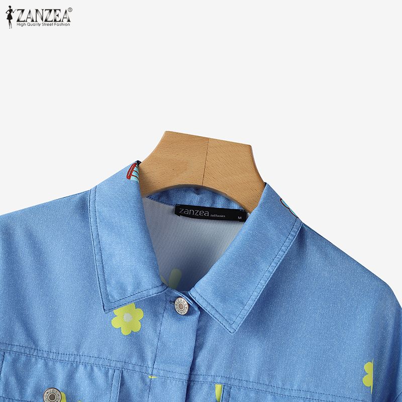 ZANZEA Women Casual Turn Down Collar Long Sleeve Print Blouse