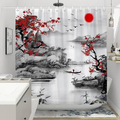 Shower Curtain Red Plum Blossom Branch Japanese Chinese Oriental Sun Misty Mountains Ink Nature Landscape Bathroom Curtains