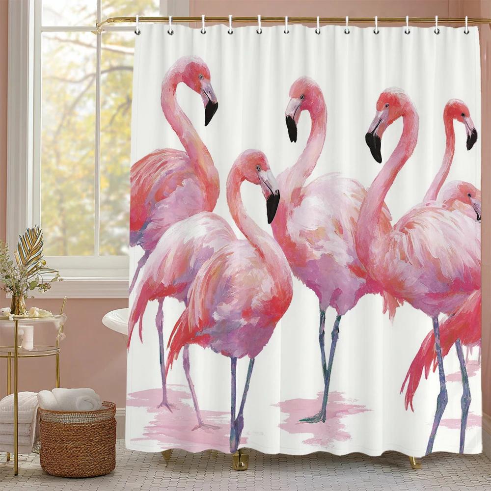 Flamingo Shower Curtain, Floral Botanical Tropical Plant Art Deco Bathroom Decorative Shower Curtain, Print Curtain with Hooks