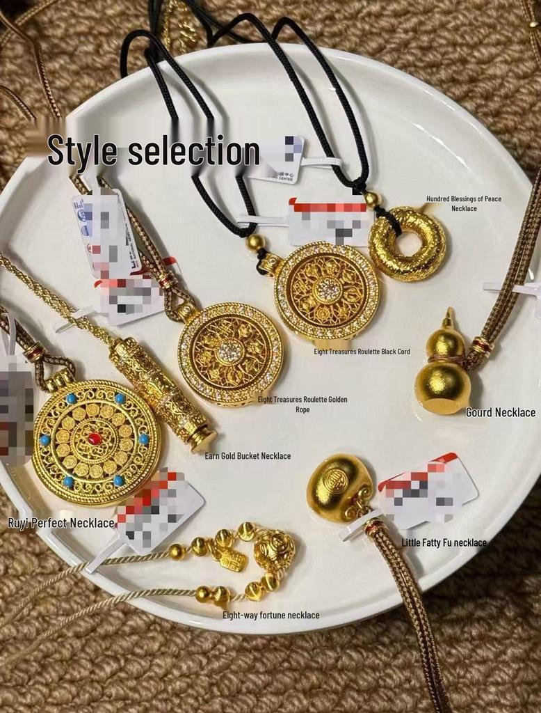 Wei Xue Eight Treasures Sand Gold Enamel Filigree Pendant Sweater Chain