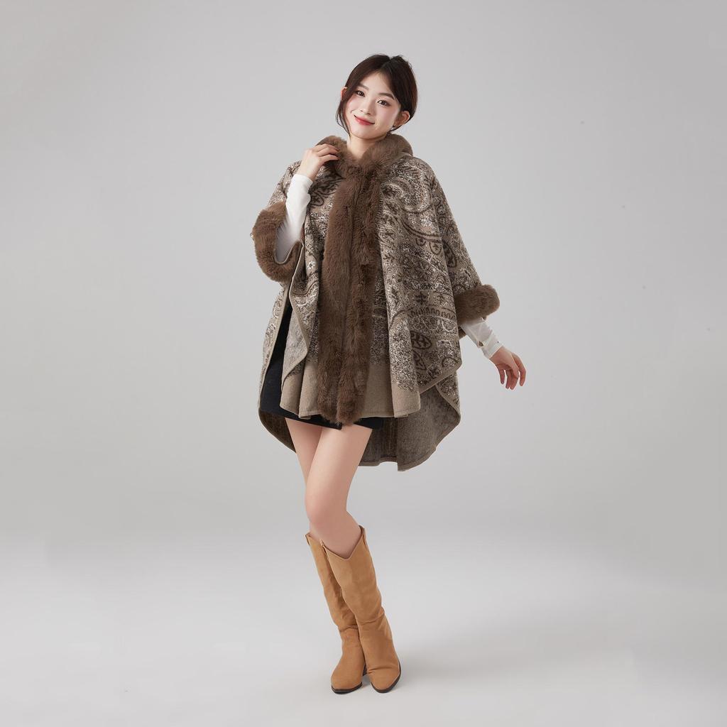 European & American Fall/Winter Faux Mink Fur Hooded Shawl Cape Woolen Cardigan for Women Plus Size