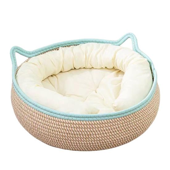 Cat Basket Bed with Cushion Cotton Rope Handwoven Pet Bed Breathable Cat Ear Pet Bed for Indoor Cats