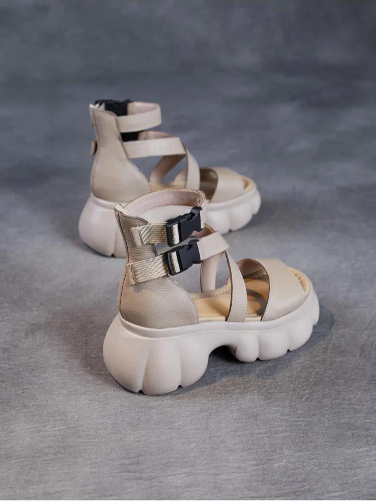 Johnature Roman Peep Toe Thick Soled High Heel Sandals Genuine Leather Buckle Women's Platform Shoes