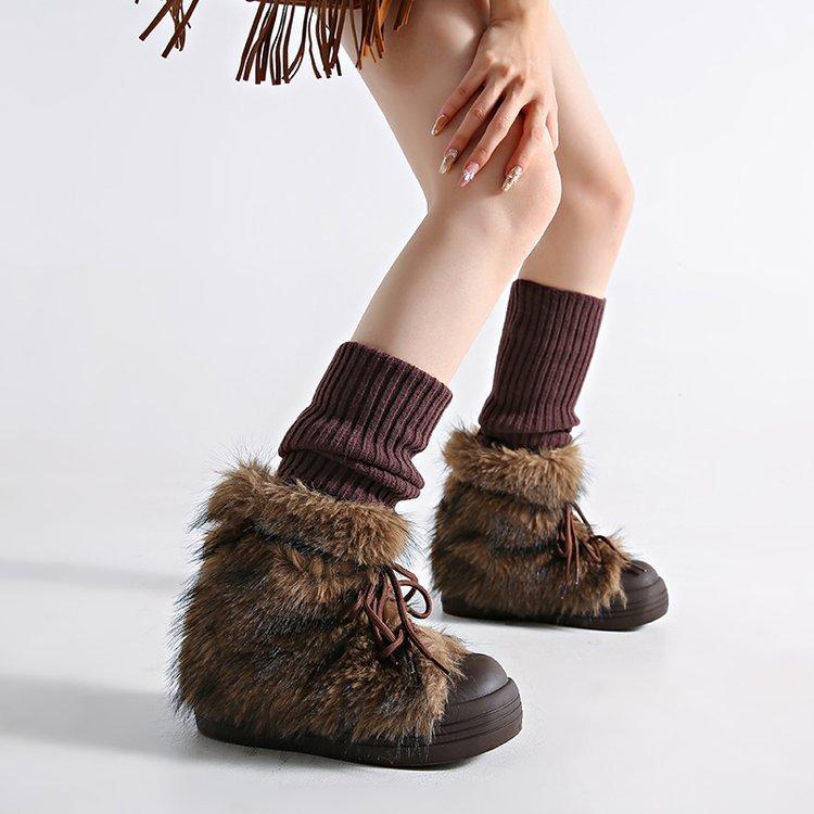 Big head thick-soled snow boots women's 2025 new winter plush thickened fluffy short boots wear warm cotton shoes