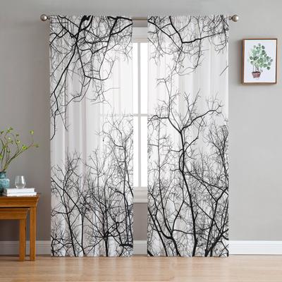 Black White Branches Sheer Curtains for Living Room Decoration Window Curtains for Kitchen Tulle Voile Organza Curtains