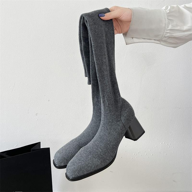 Fashion Tall Sock Boots Autumn New Round Toe Knit Breathable Square Heel Non-Slip Wear-Resistant High Heels