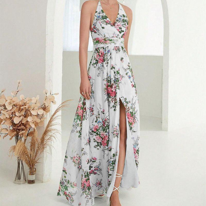 Bohemian New V-neck Print Backless Hanging Neck Lace-up Floral Split Chiffon Dress Vacation Long dress Women