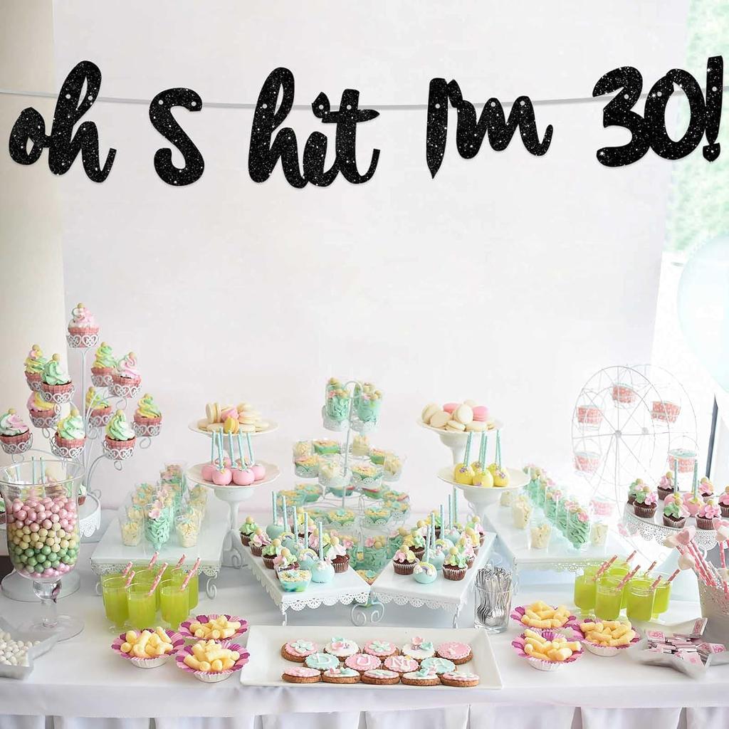Oh I’m 30! Banner Backdrop Glitter Black Hallo Thirty Cheers to 30 Years Old Theme Decor for Man Woman Happy 30th Birthday Party Photo Studio Prop