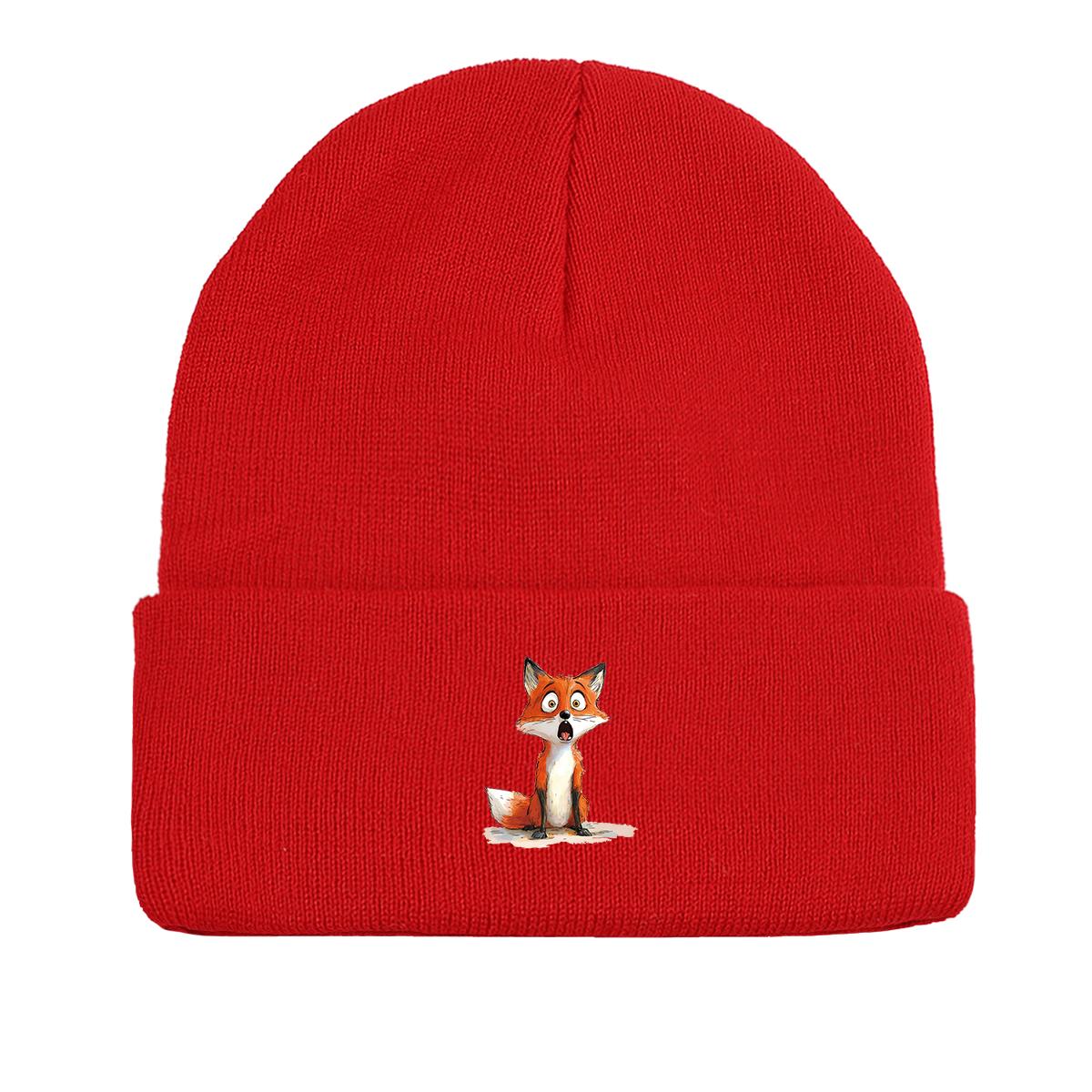 

Cartoon Fox Winter Knit Hat Beanie, Animal Woman Cap Cuff Fit Trendy Pompom Beanies Knitted Hat Beanie as the picture красный