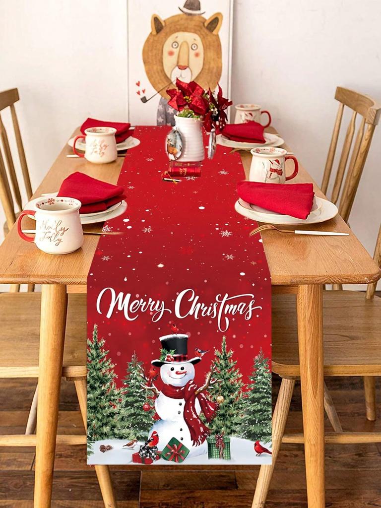 1pc Merry Christmas Snowman Snowflake Christmas Tree Pattern Table Runner, Christmas Tablecloth, Polyester Christmas Table Cover, Merry Christmas,