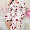 Women's Heart Printed Robe Soft Belted Kimono Bathrobe Mid Length Shower Spa Loungewear Cozy Long Sleeve Pajamas