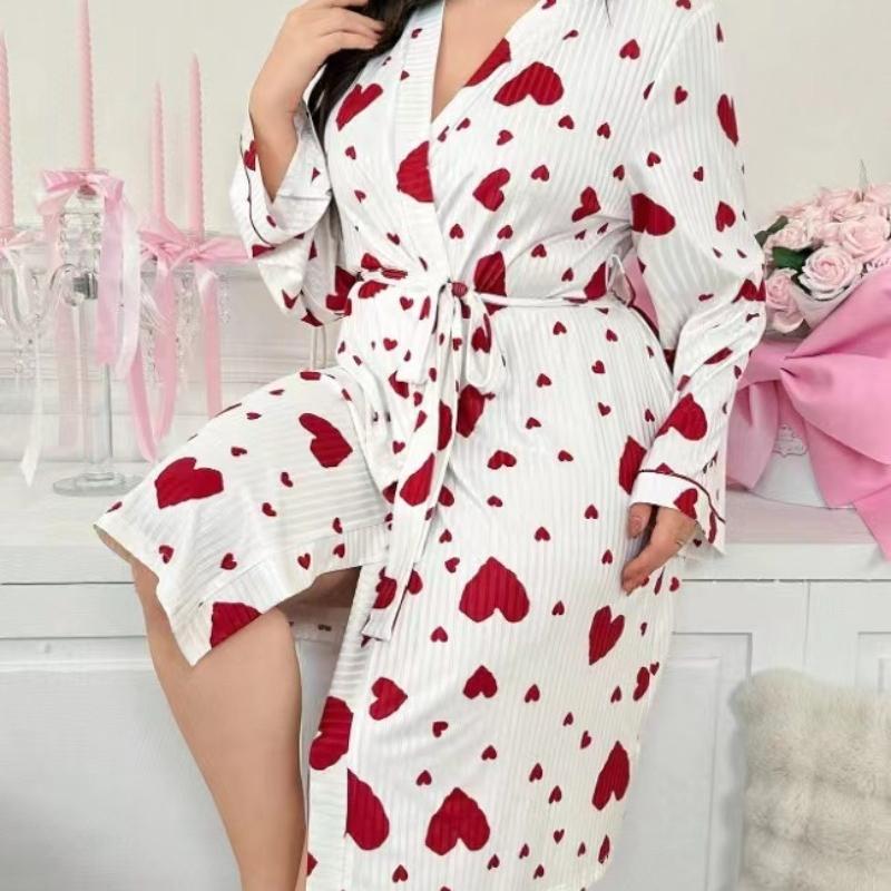 Women's Heart Printed Robe Soft Belted Kimono Bathrobe Mid Length Shower Spa Loungewear Cozy Long Sleeve Pajamas