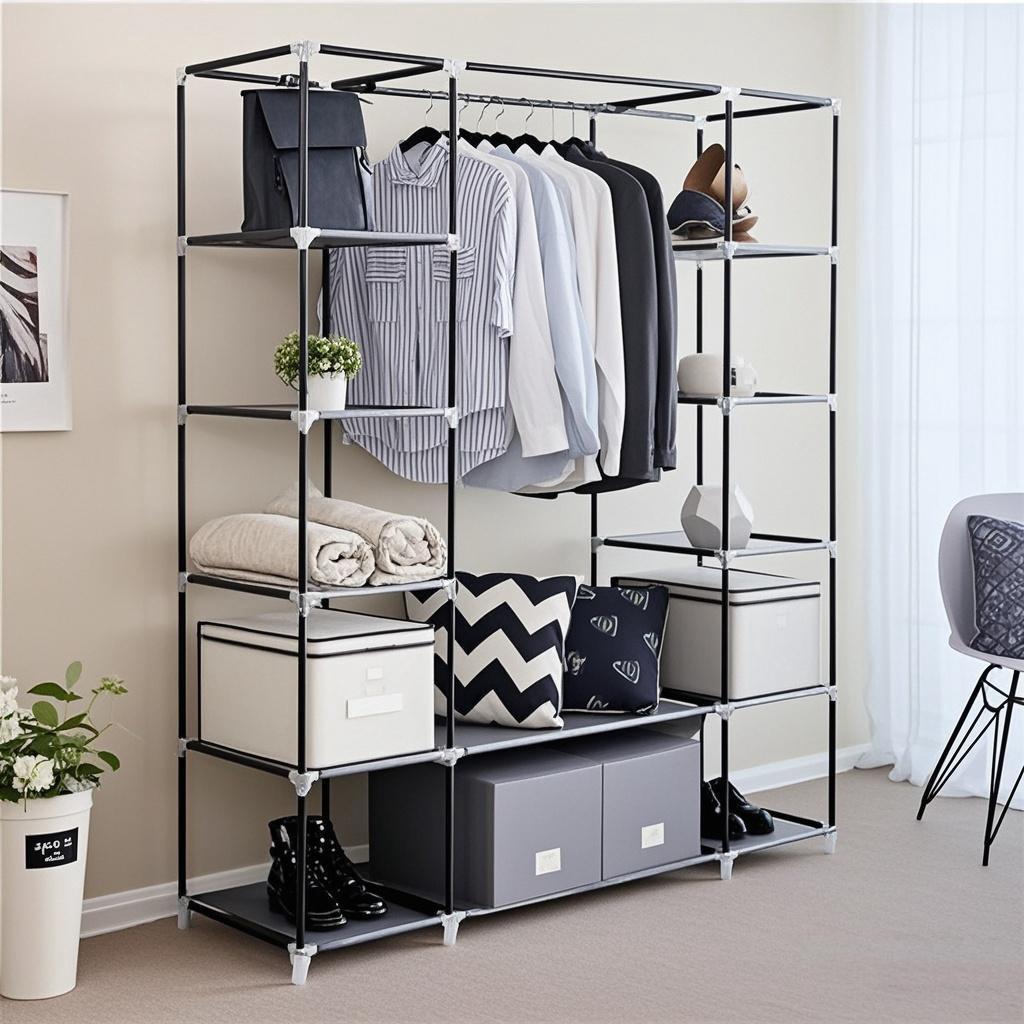 Closet Wardrobe Portable Closet for Bedroom Clothes Rail with Non-Woven Fabric Cover Clothes Storage Organizer  12 Compartments