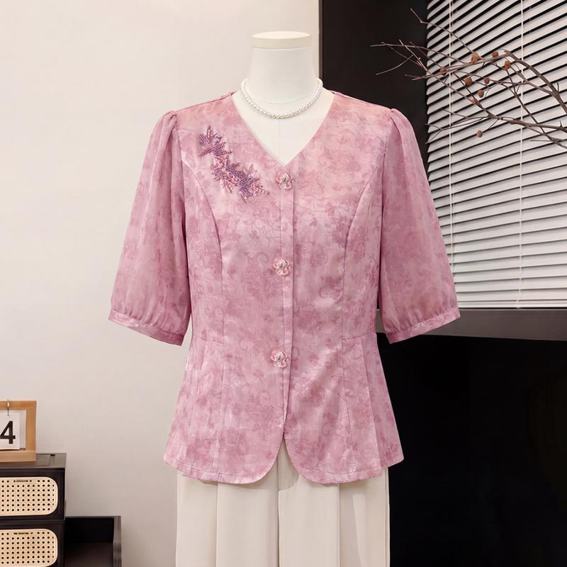 Elegant V-Neck Embroidered Summer Shirt for Middle-Aged Women 4XL розовый