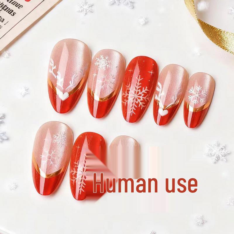 24pcs Christmas Almond Cat Eye Nails: Snowflake Plaid Red French Manicure Tips
