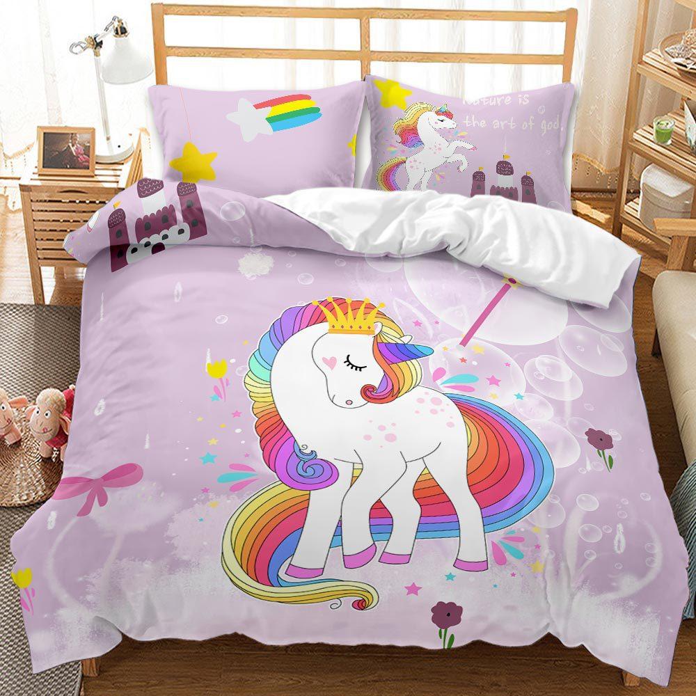 Unicorn Kit 3D Digital Printing Quilt Cover Princess Bedding Girl Three-Piece Set