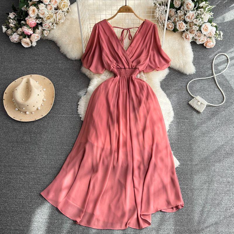 Retro V-neck Open Back A- line Large Hem Short Sleeve Dress