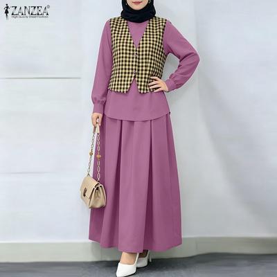 Women Long Sleeve Plaid Patchwork Blouse and Long Skirts Casual Two Piece Suit Sets