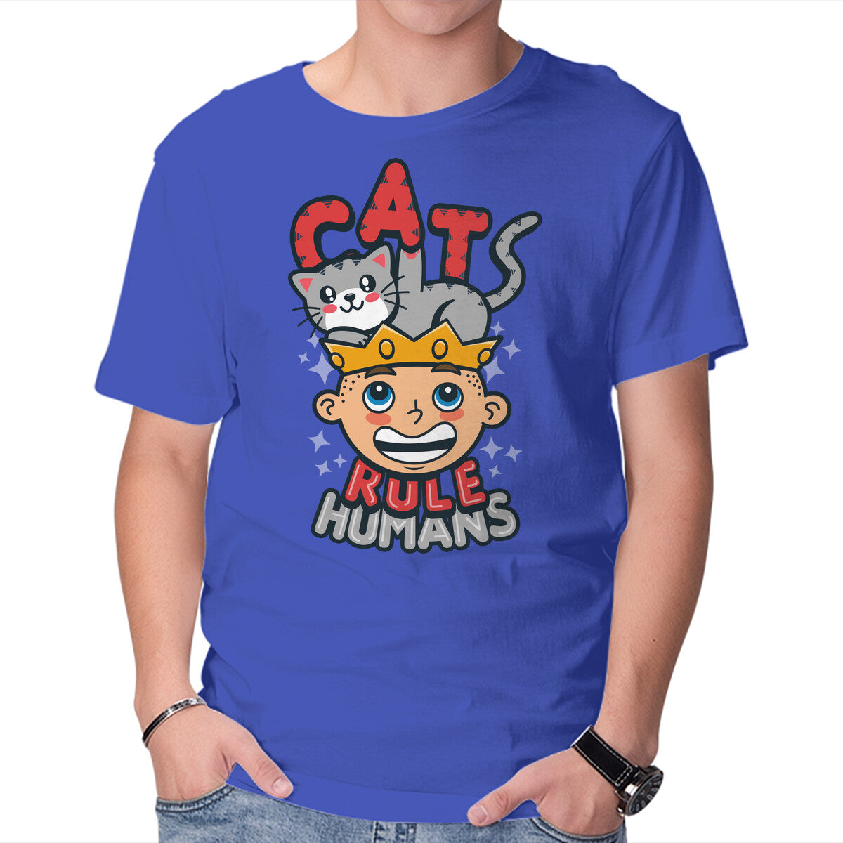Unisex Crew Neck T-Shirt Cats Rule Humans Graphic Short Sleeve Casual Tee M