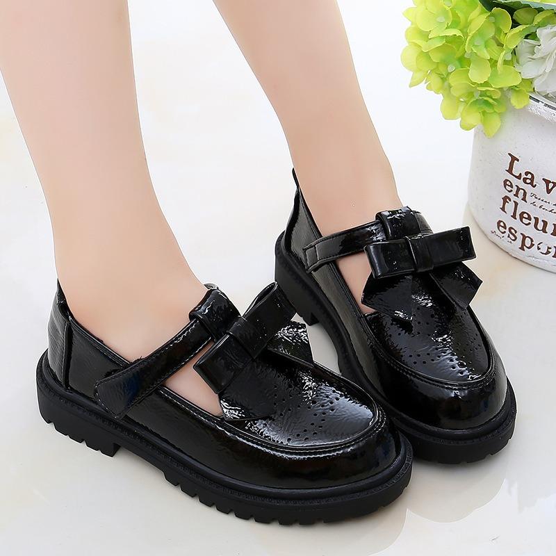 Girls Kids Black Princess Leather Shoes Korean British Style Soft Sole Flat Shoes