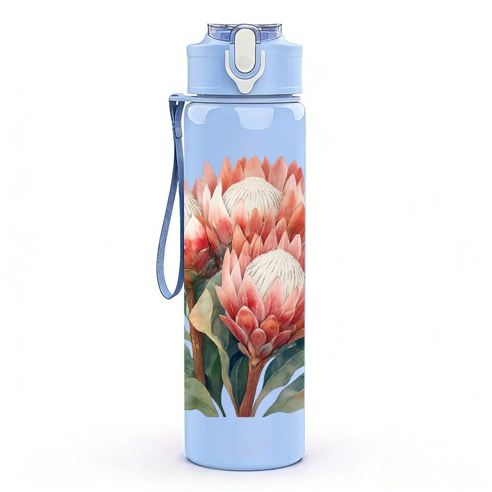 1PC Pink Protea Wild Flower Bloom 750ml Color Plastic Sports Water Bottle Leakproof Flip Straw Lid For Sports Office Home Use