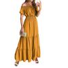 Women's Off The Shoulder Short Sleeve Solid Maxi Dress High Waist Loose Fit Casual Tiered Dress