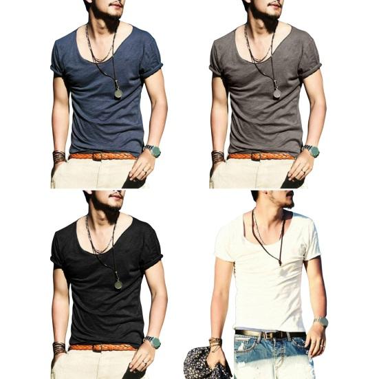Men T-shirt Large V Neck Thin Solid Color Slim Fit Soft Short Sleeves Mid