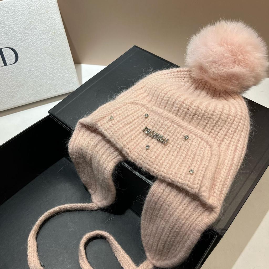 Iceland Big Fox Hairball Rabbit Hair Ear Protection Hat Winter Light Luxury Rhinestone Min Velvet Warm Knitted Hat Women