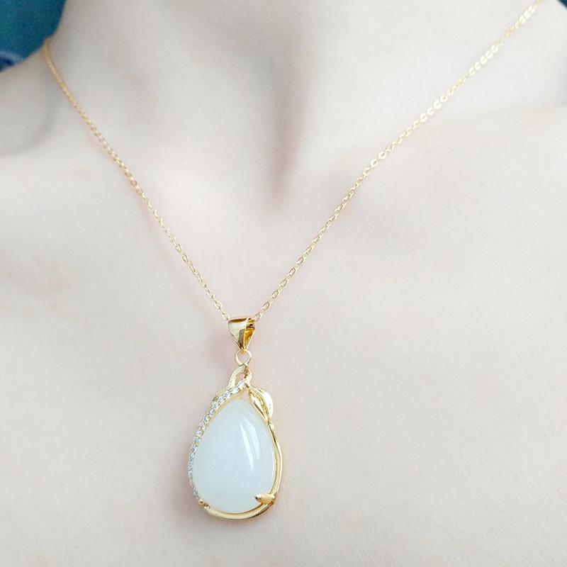 Water Drop Shaped Imitation Hetian Jade Pendant Women'S White Chalcedony Necklace Electroplating
