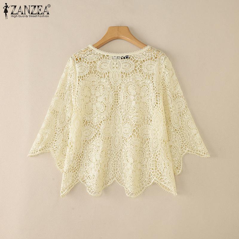 ZANZEA Women Summer Casual 3/4 Sleeve Loose Hollow Out Lace Crochet Blouse