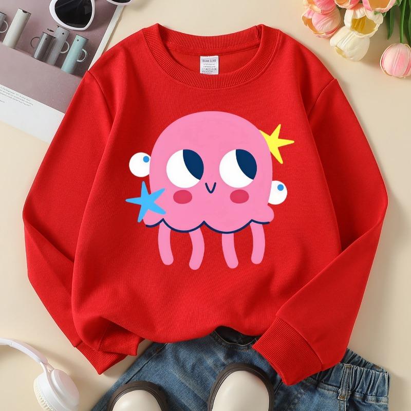 Kids Crewneck Sweatshirt, Cute Pink Octopus with Stars Print, Soft Casual Pullover for Fall Winter