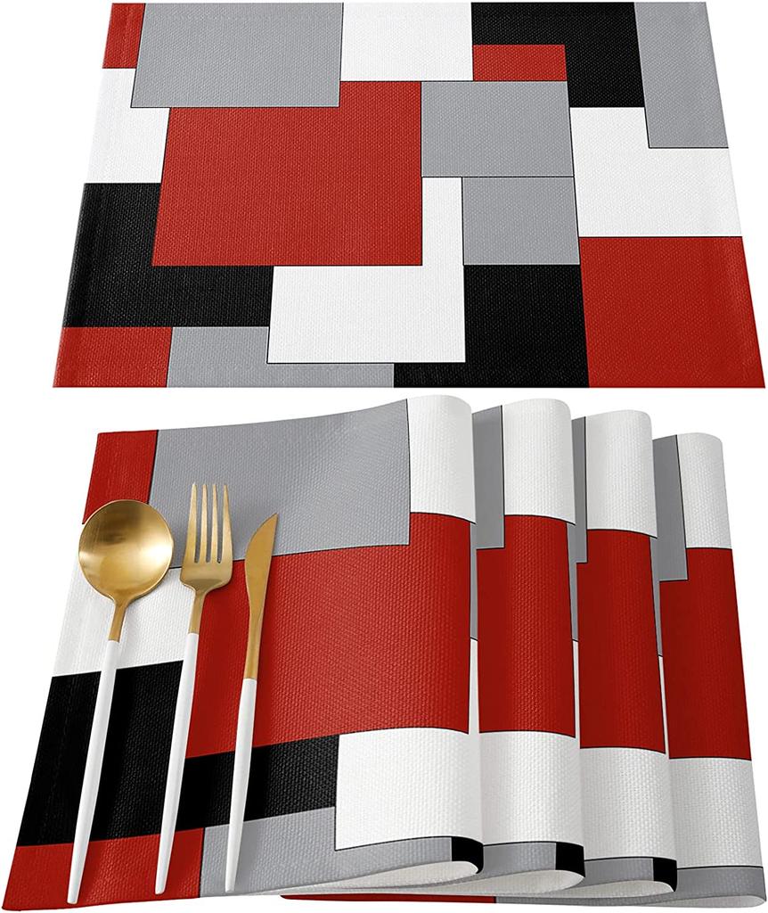 Room Decor  Dining Table Decor  Abstract Art Patchwork Purple Black Grey Kitchen Table Pad  Dining Table Mat Set 4pcs Placemats